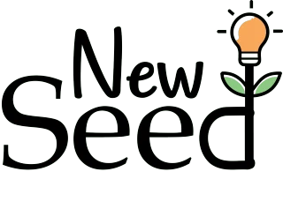 NewSeed - Logo com bulbo laranja e folhas verdes simbolizando crescimento e inovação